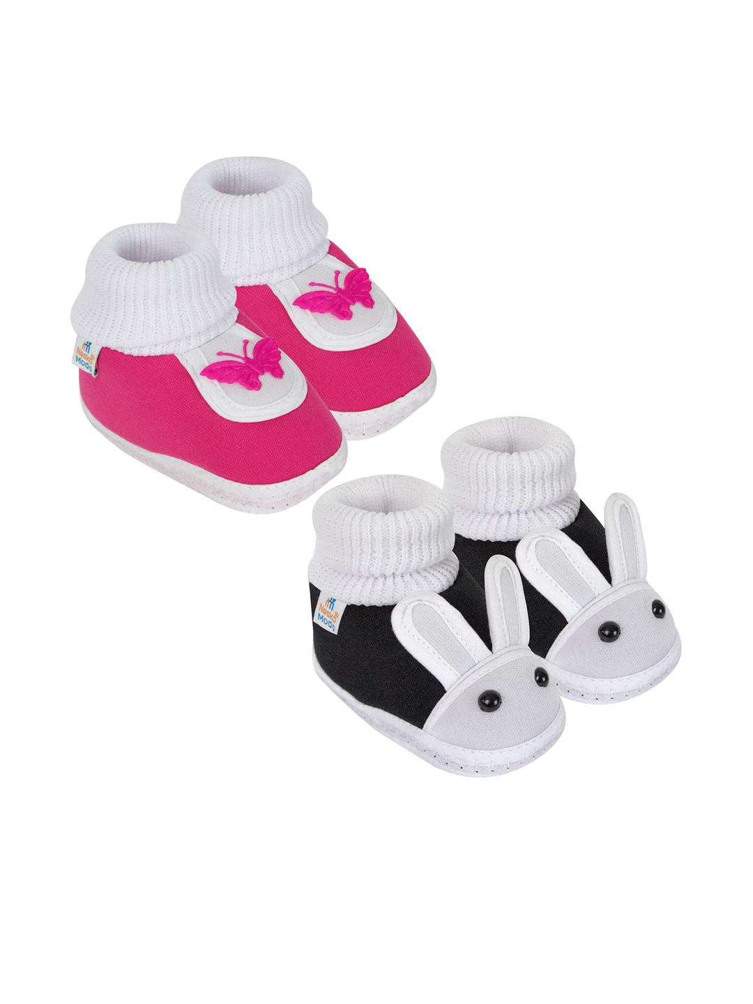 NESKA MODA Unisex Kids Pack of 2 Pink & Black Cotton Rabbit Face Slip On Booties