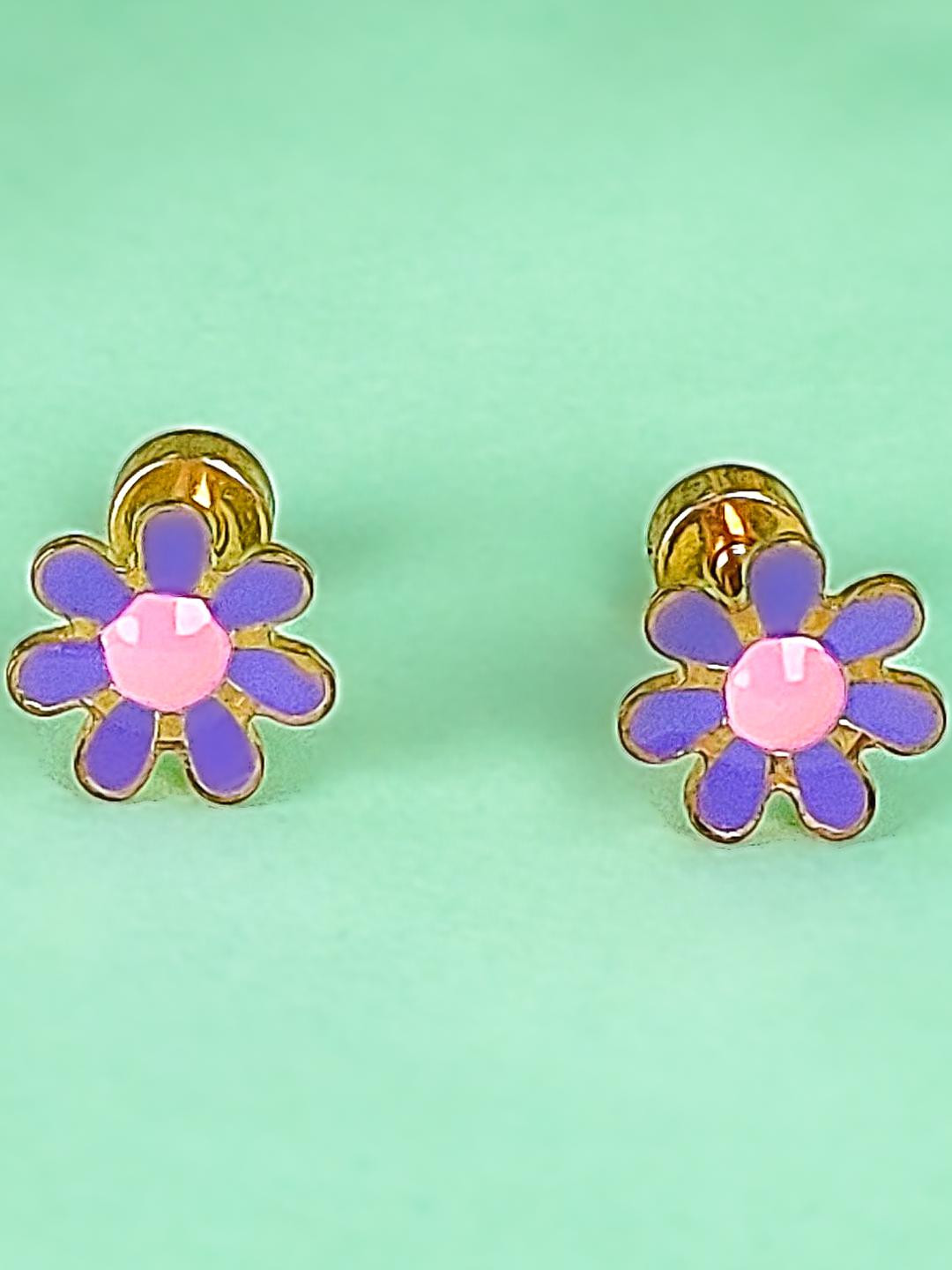 LOLO LePA Gold Plated Stainless Steel  Purple And Pink Daisy Floral Design Studs Earrings