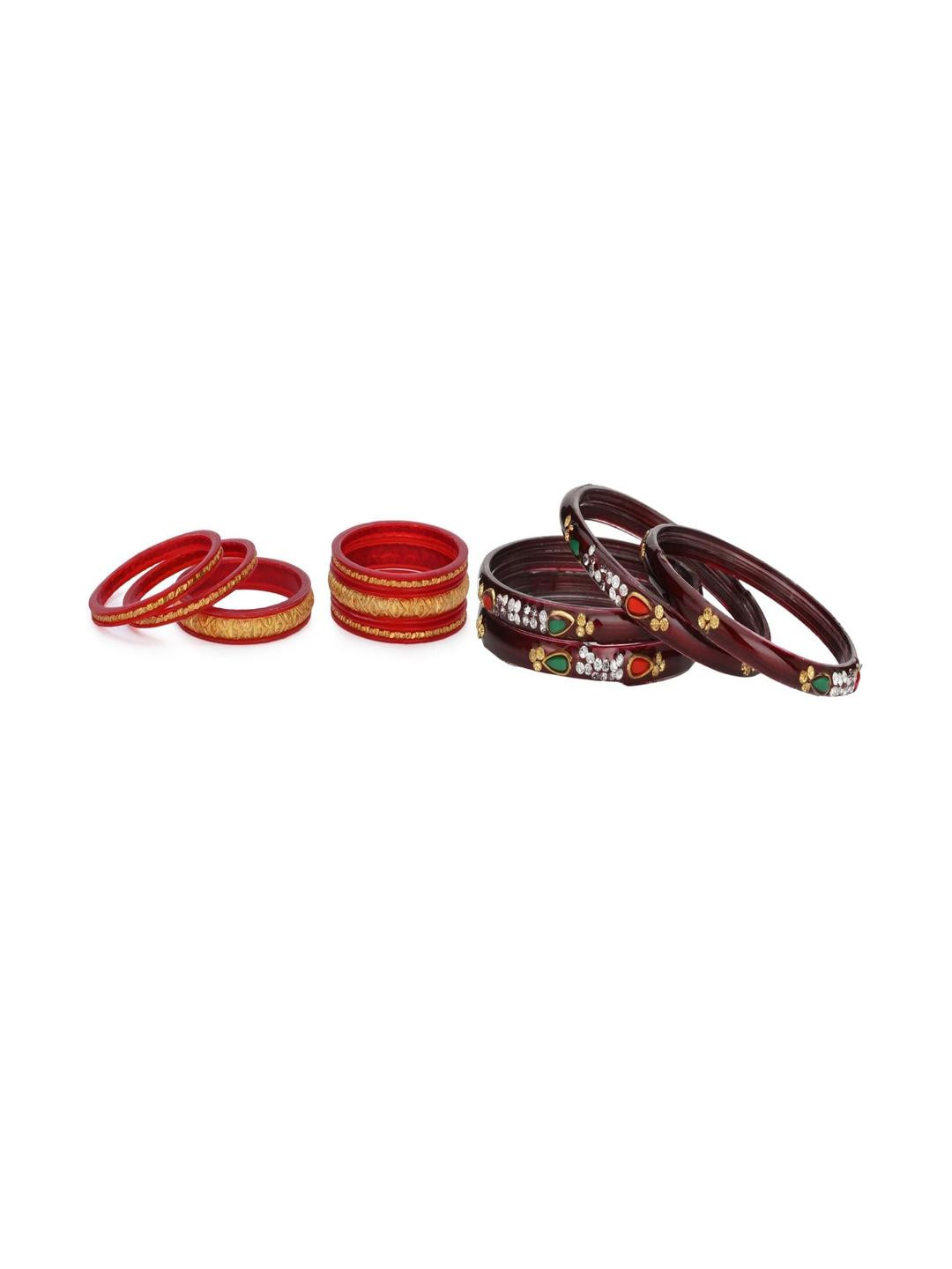 1ST TIME Set Of 10 Red & Maroon Alloy Artificial Stones & Beads Bangles