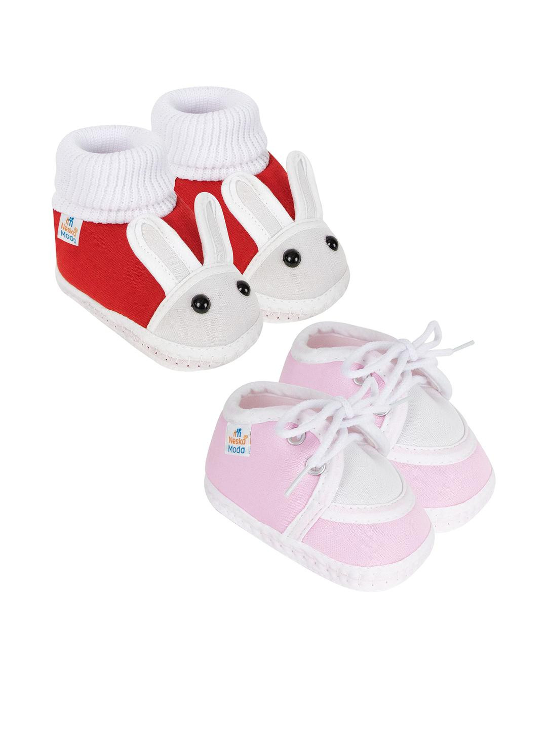 NESKA MODA Unisex Kids Pack of 2 Red And Pink Cotton Rabbit Face and Lace Booties