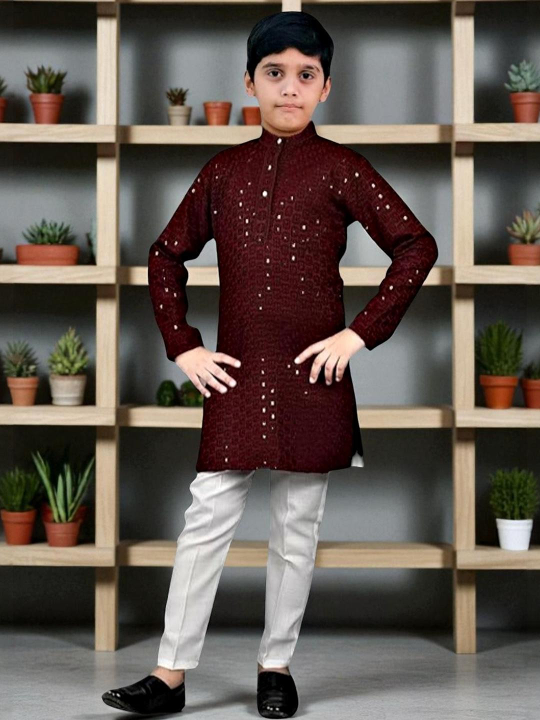 Pohar Creation Boys Maroon Pure Cotton Kurta Sets