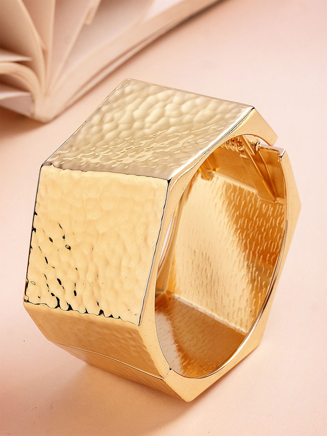 Bohey by KARATCART Gold-Plated Bangle-Style Hammered Hexagon Bracelet