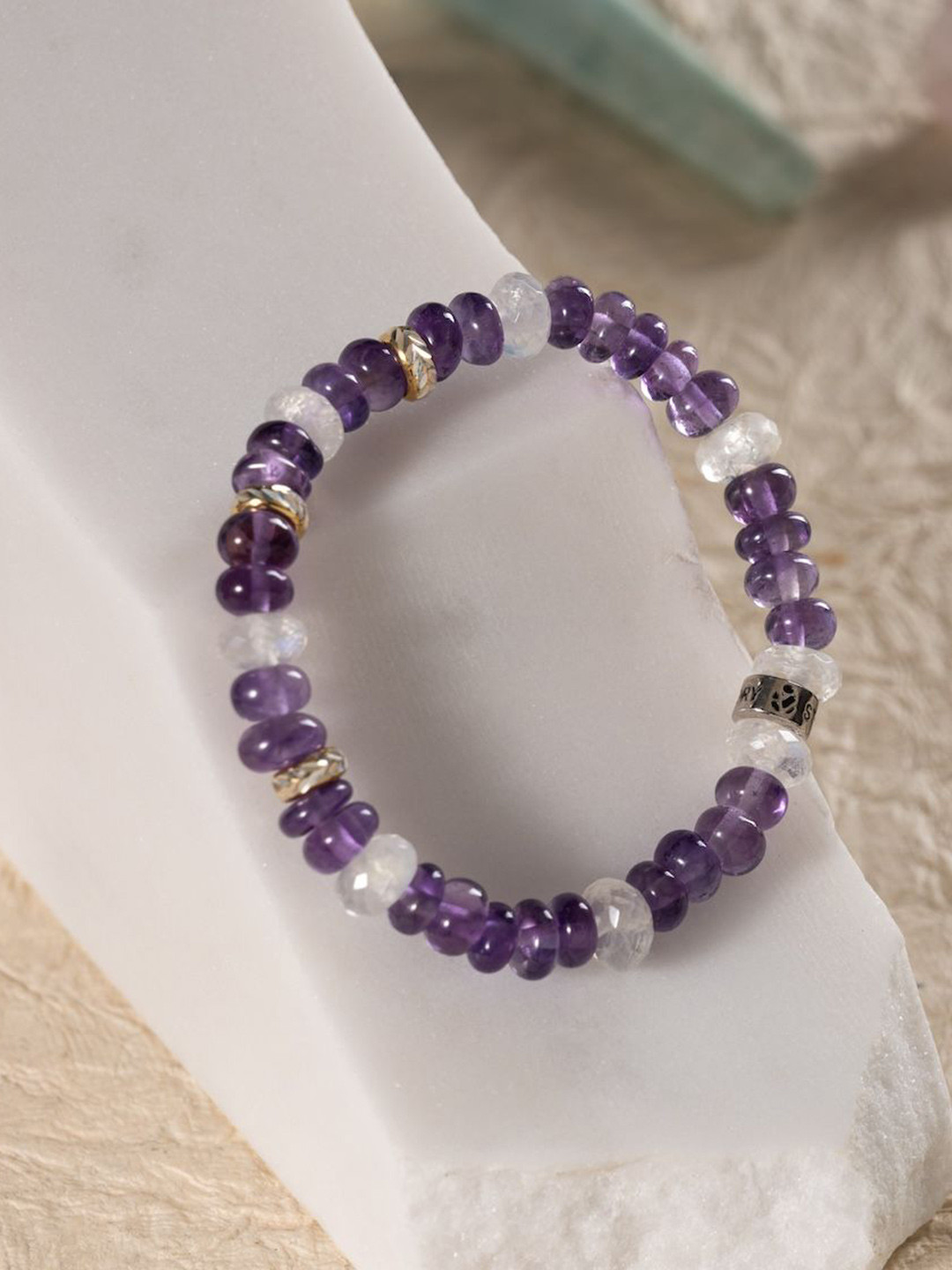 Stone Story By Shruti Unisex Sterling Silver Plated Amethyst & Moonstone Beaded Bracelet