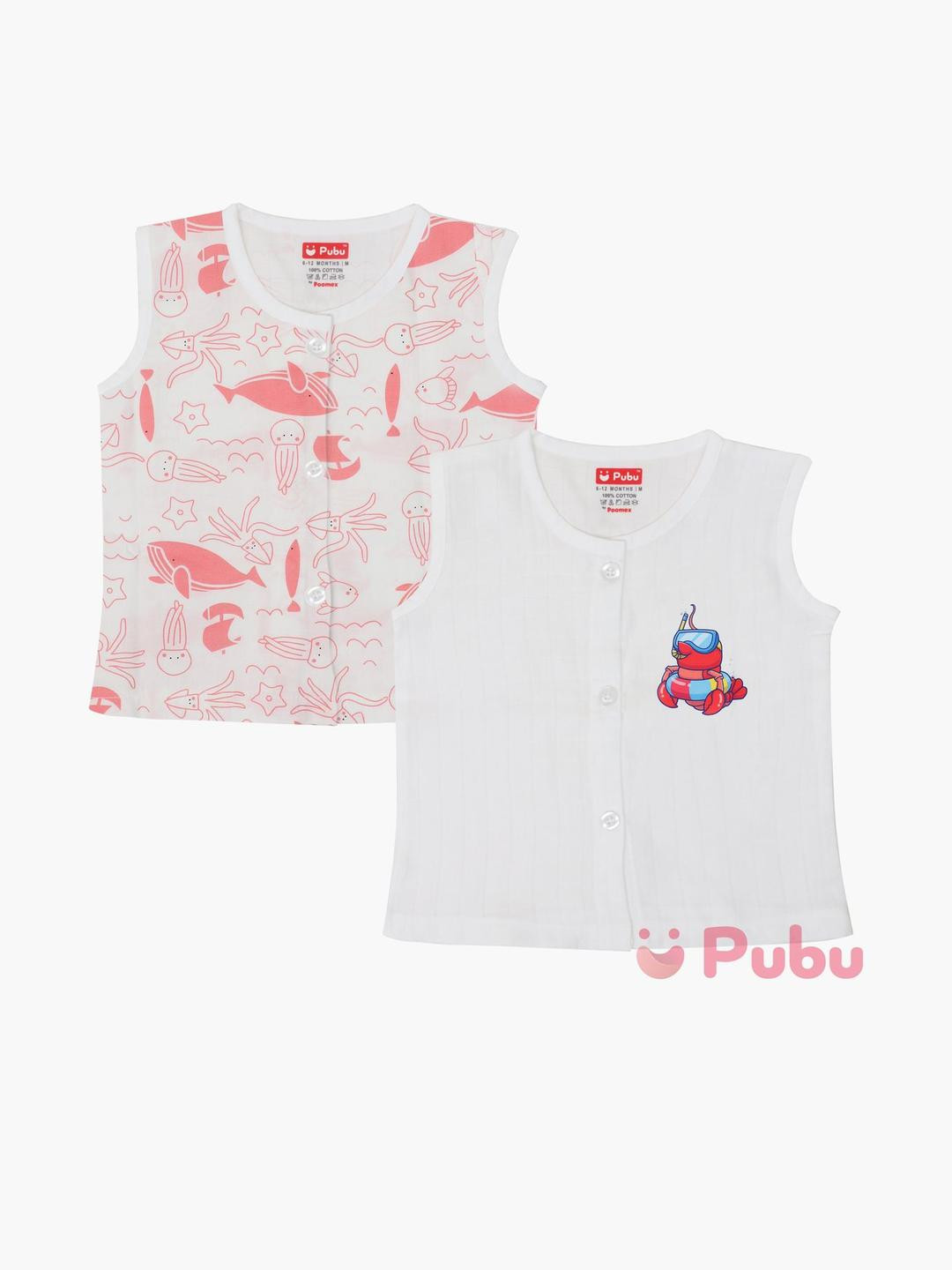 Pubu Kids Pack Of 2 White Printed Round Neck Cotton Sleeveless Causal Top
