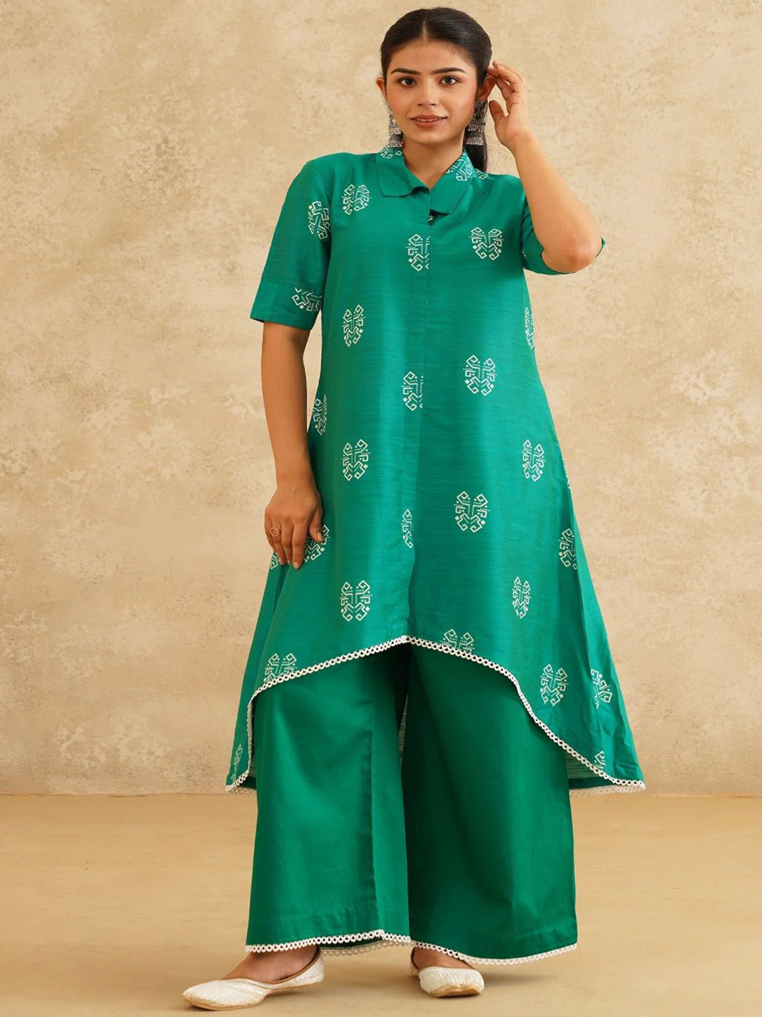 DZINEOAK Ethnic Motifs Printed Pure Cotton A-Line Kurta With Palazzos