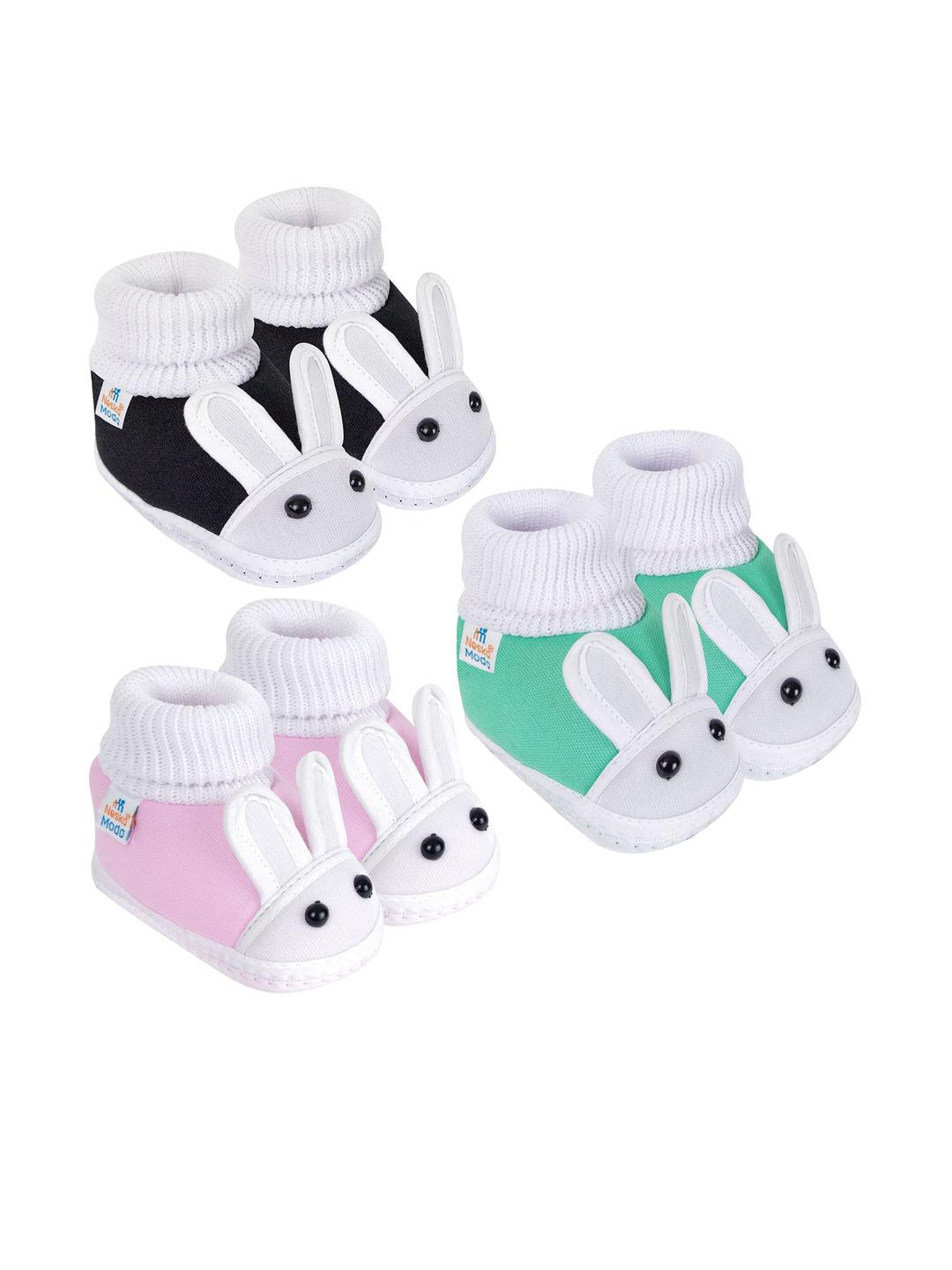 NESKA MODA Kids Pack of 3 Cotton Rabbit Face Slip On Booties