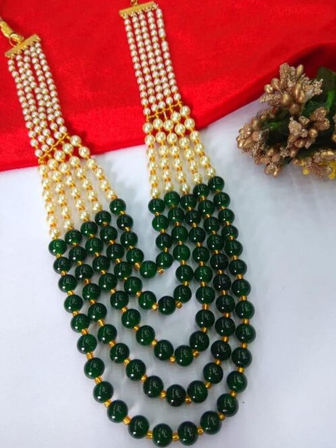 Grace Collections Green And White Multi Layer Beaded Necklace