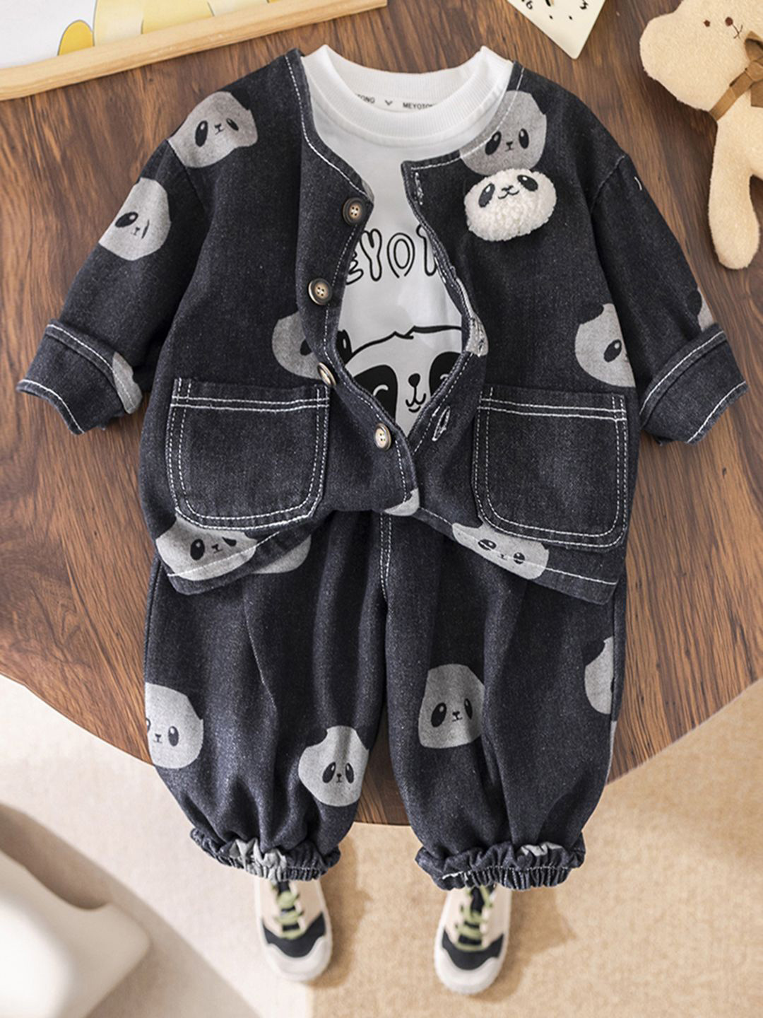 INCLUD Boys Panda Printed Denim Jacket With T-Shirt & Joggers