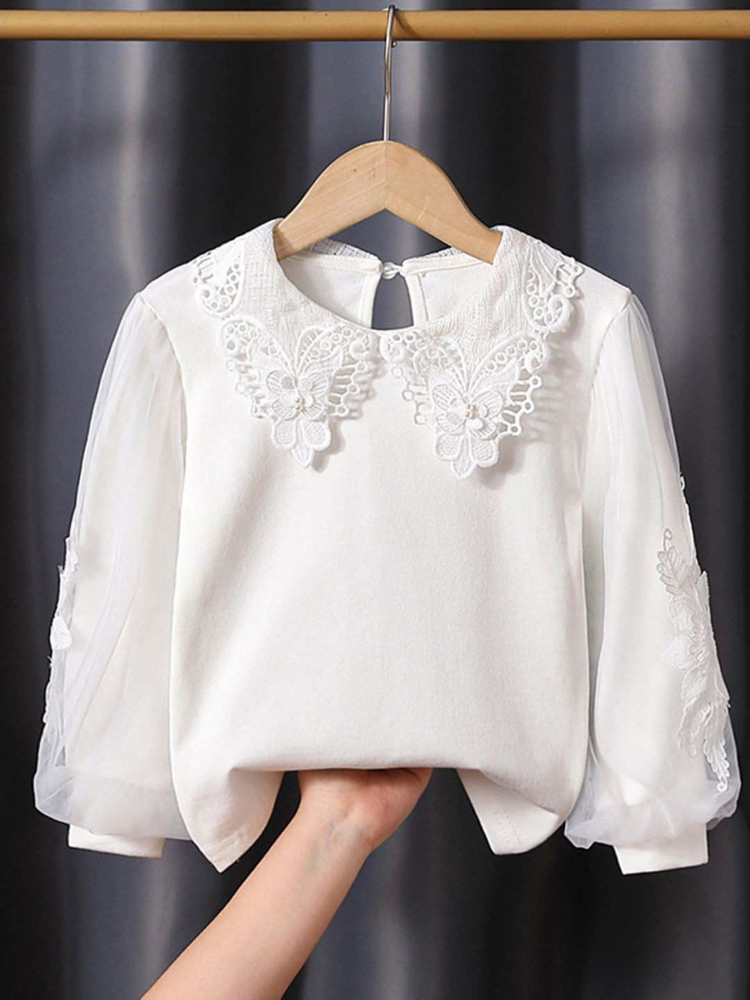 YK Girls Ribbed Peter Pan Collar Lace-Up Cotton Top