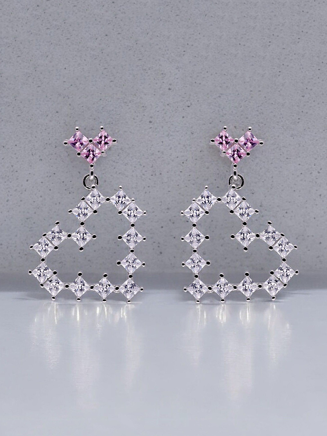 Crash.Club By CKC Stainless Steel Silver Plated Zircon Studded Heart Shaped Drop Earrings