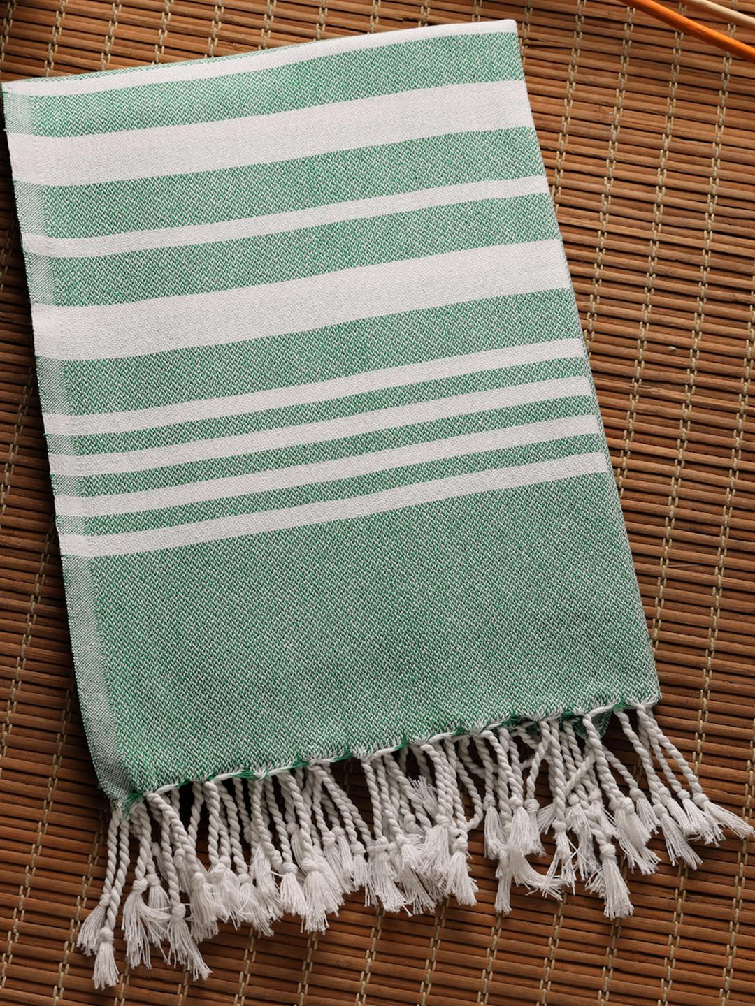 Myntra Elegant Homes Green & White 1 Striped Cotton 210 GSM Bath Towel