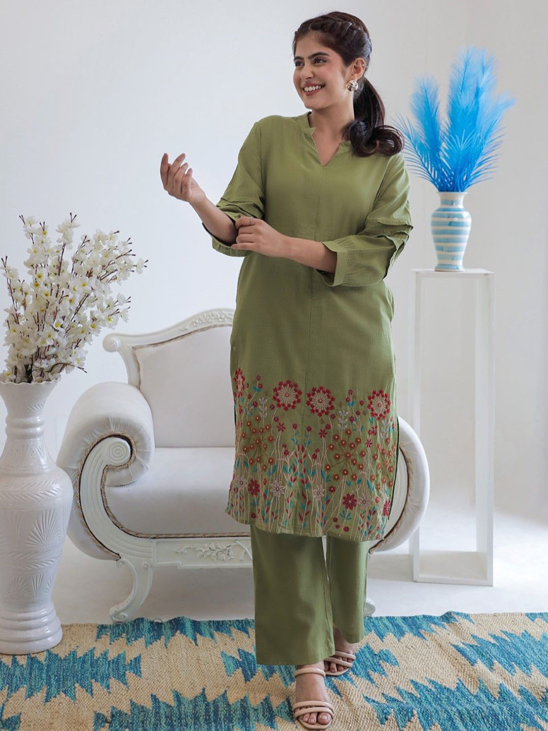 AUTUMN LANE Women Viva Forest Embroidery Pure Cotton Kurta Pant Set