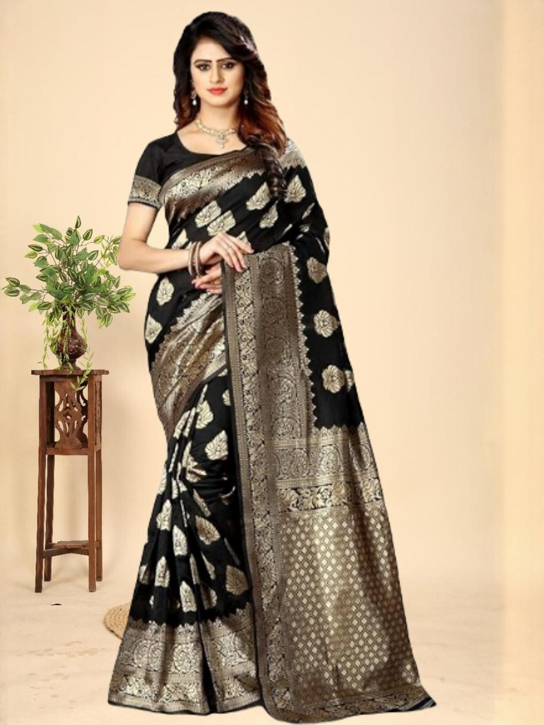 Kevami Fashion Women  Kanjivaram Cotton Silk Saree (Black)