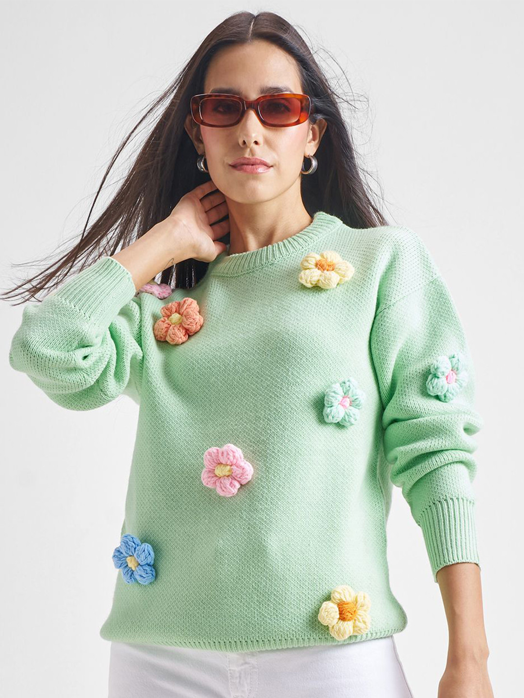 ESPYR By Tokyo Talkies Women Solid Round Neck Drop Shoulder Oversized Sweater