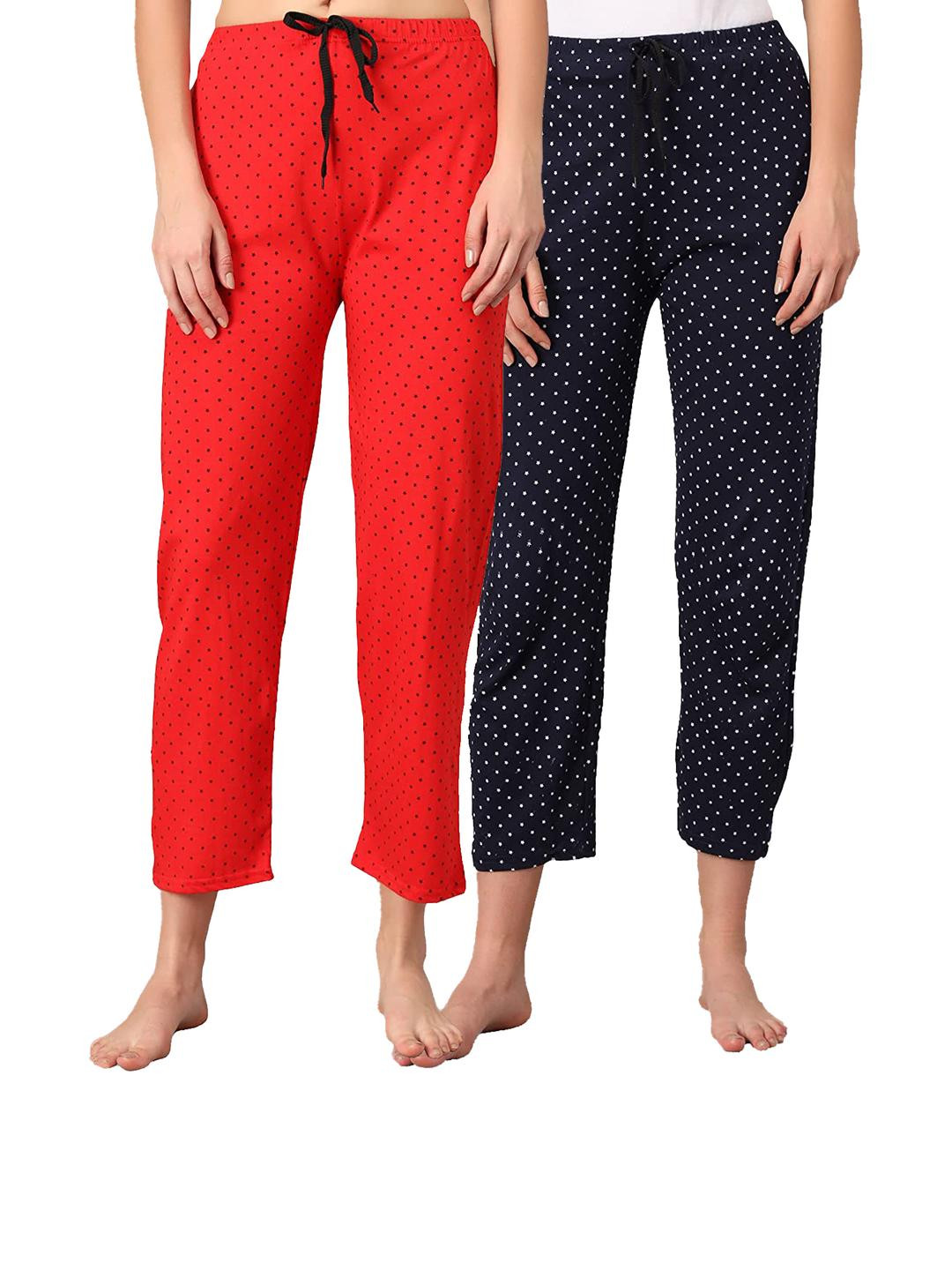 FIT N FAME Women Set Of 2 Red & Navy Blue Polka Dots Printed Cotton Pajamas