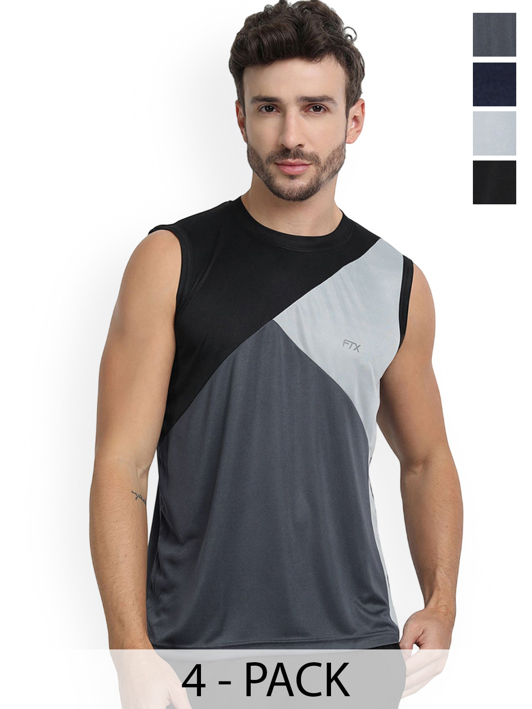 FTX Drifit Men Pack Of 4 Round Neck Colourblocked Sleeveless Sport Vests