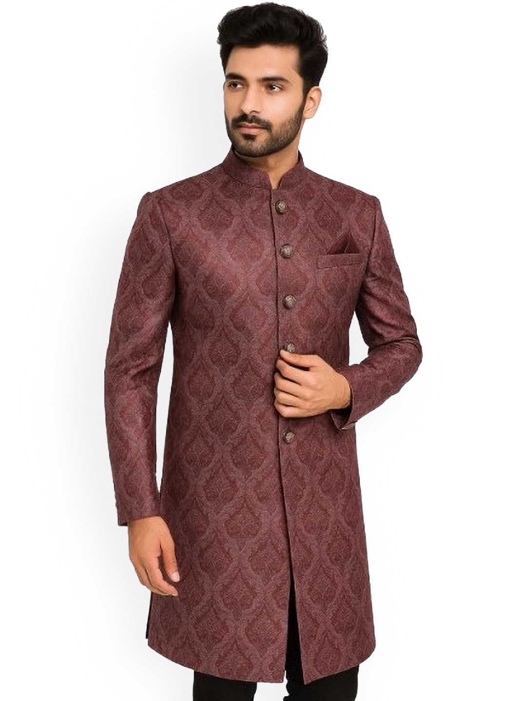 SHAHI ACHKAN Men's Elegant Maroon Textured Sherwani