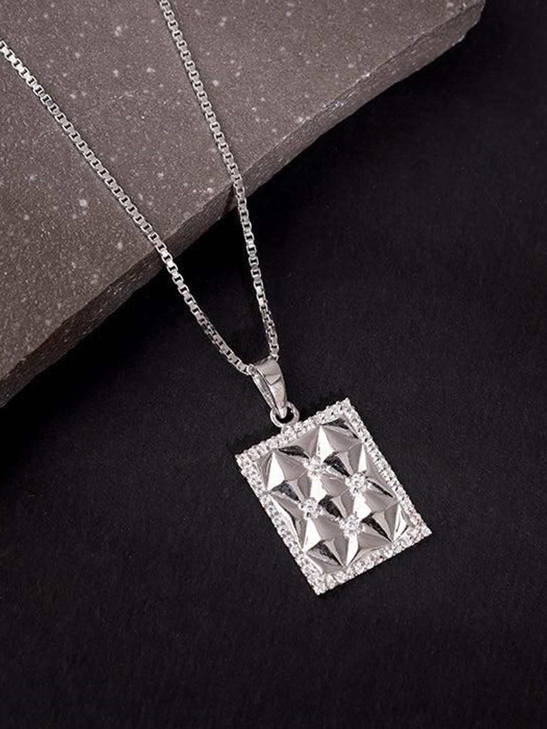 GIVA Men 925 Silver Rhodium-Plated Crystal Studded Square Shaped Pendant With Box Chain