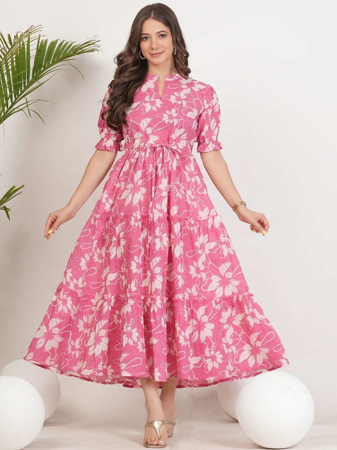 TEESHA Women Floral Printed Lace-Up Tiered Puff Sleeve Fit & Flare Maxi Dress