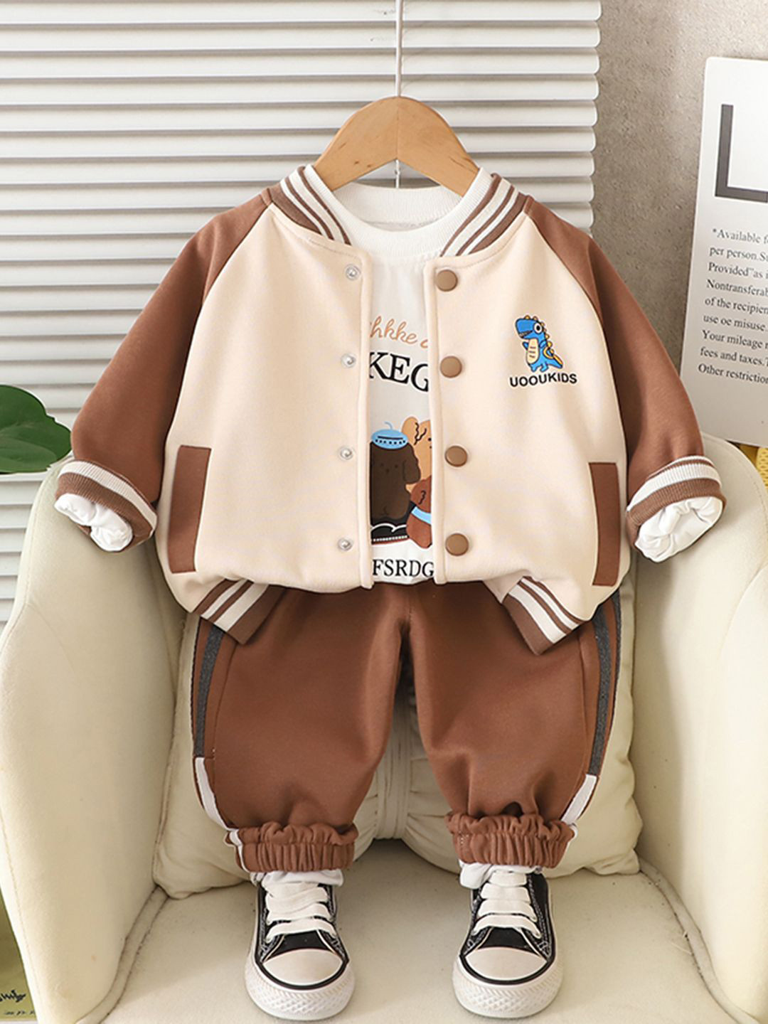 INCLUD Boys Cotton Solid Varsity Jacket With Printed T-Shirt & Joggers Set