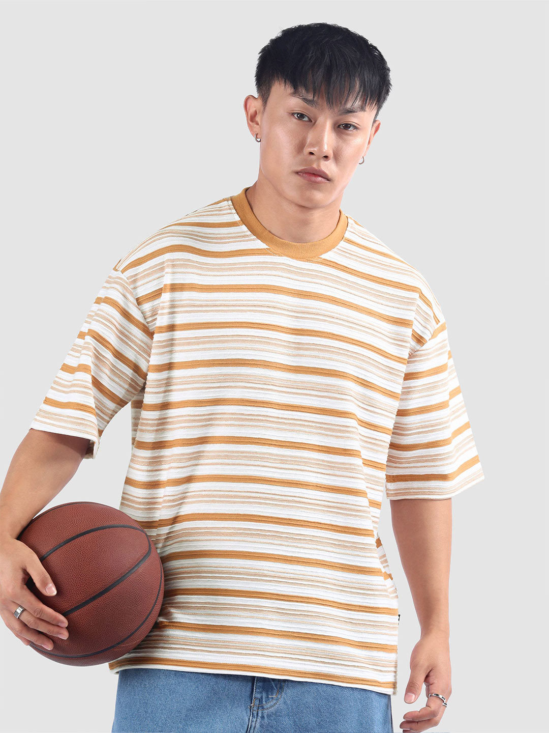 Beyoung Orange Stripe Textured Oversized T-Shirt