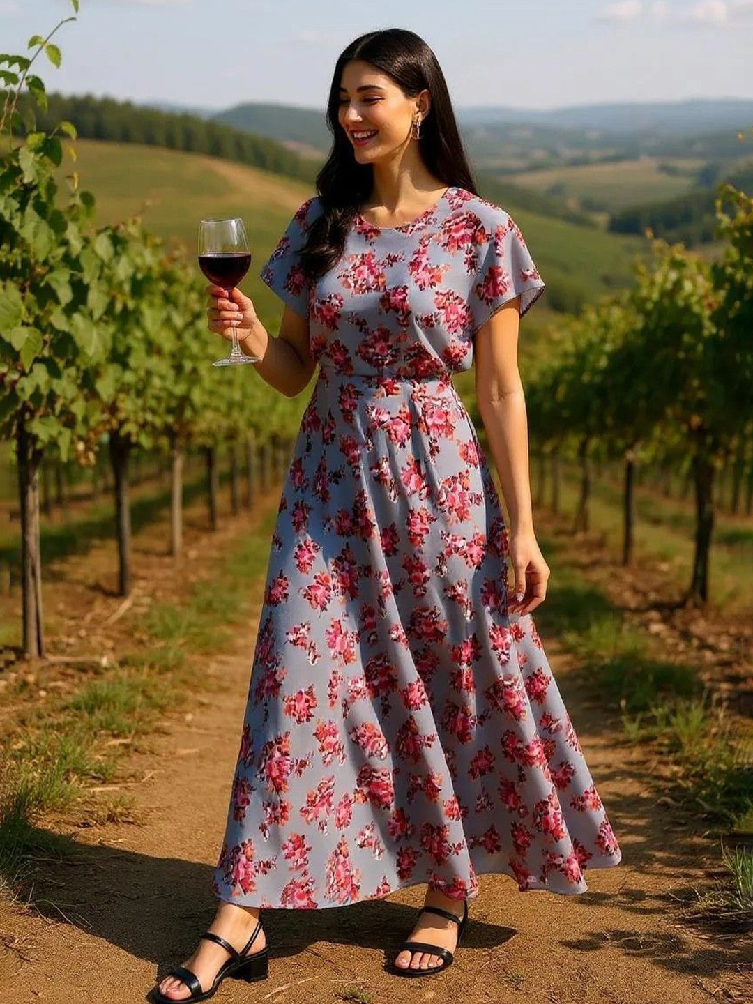 Hive91 Women Floral Print Flutter Sleeve Crepe A-Line Maxi Dress
