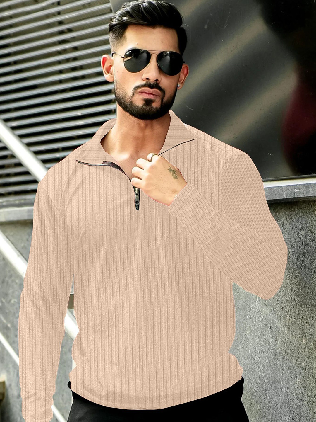 HAPPY KHAJANA Self Design Polo Collar Regular Sleeves Regular Fit T-shirt