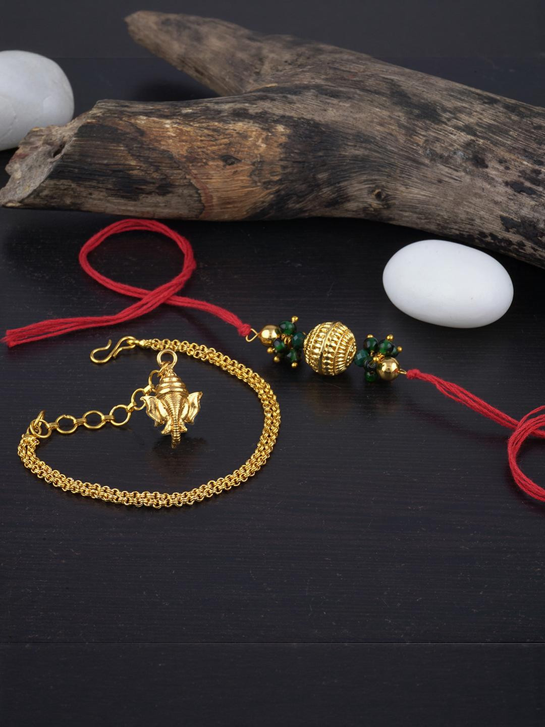 JFL - JEWELLERY FOR LESS Set Of 2  Gold-toned Beaded & Ganesha Charm Rakhi