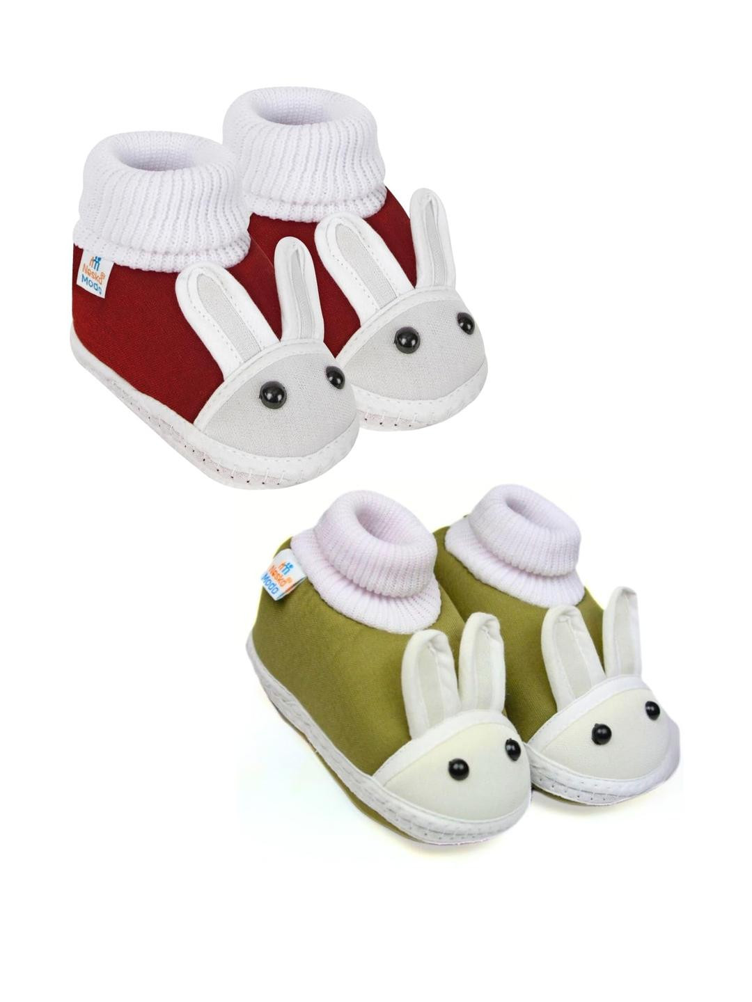 NESKA MODA Kids 2 Pair Maroon & Mehndi Cotton Rabbit Booties