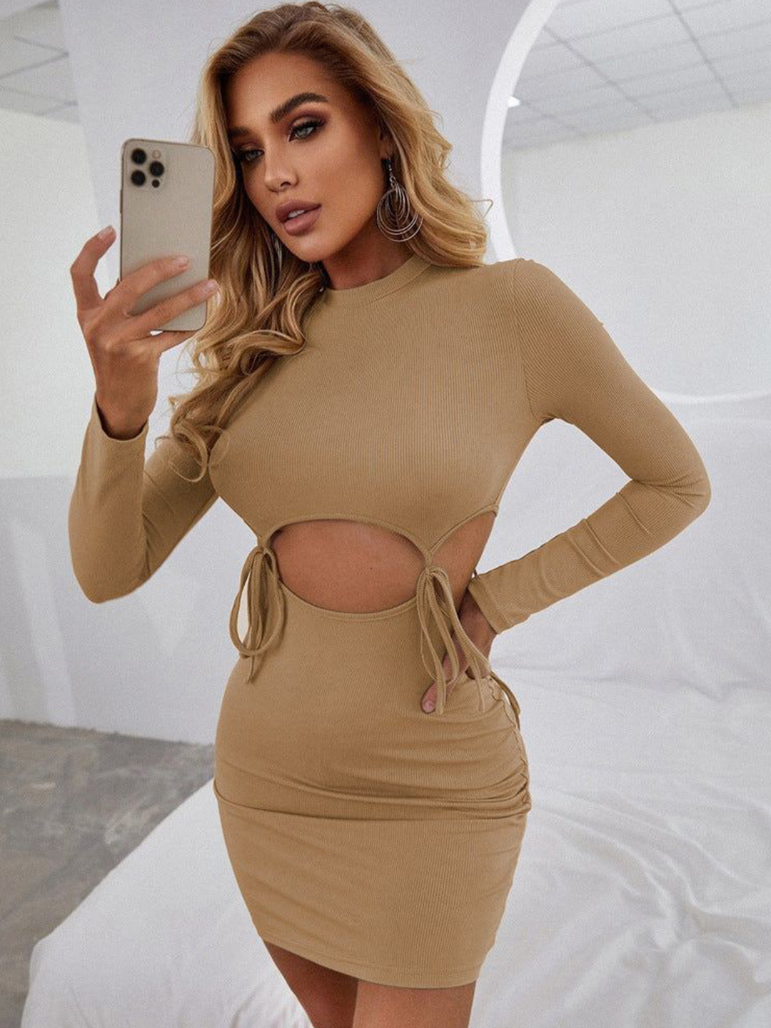 Outzidr Women Ribbed Mocha Mousse Bodycon Midi Dress