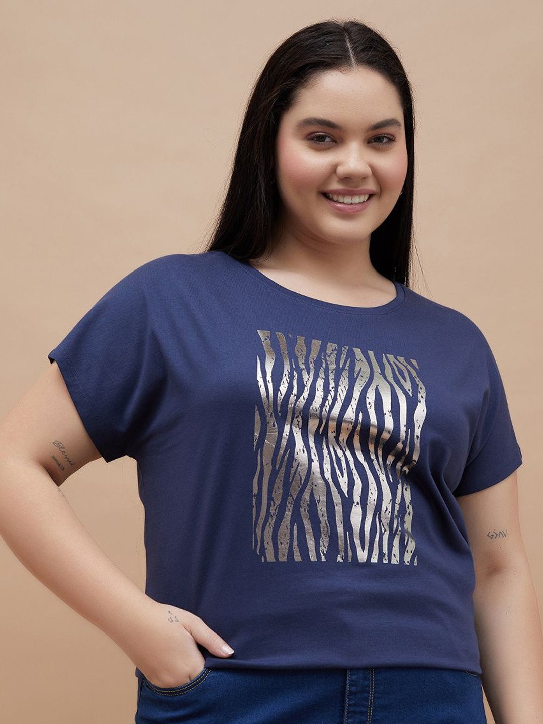 Women Plus Size Typography Printed Pure Cotton Regular Fit T-shirt