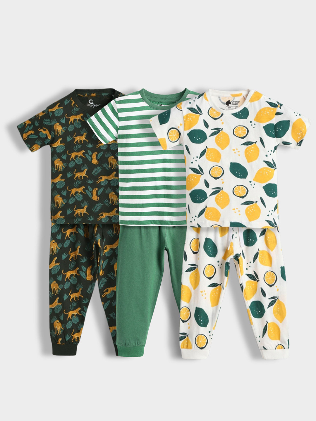 Orange Sugar Kids Pack Of 3 Printed Short Sleeves Pure Cotton T-shirts With Joggers