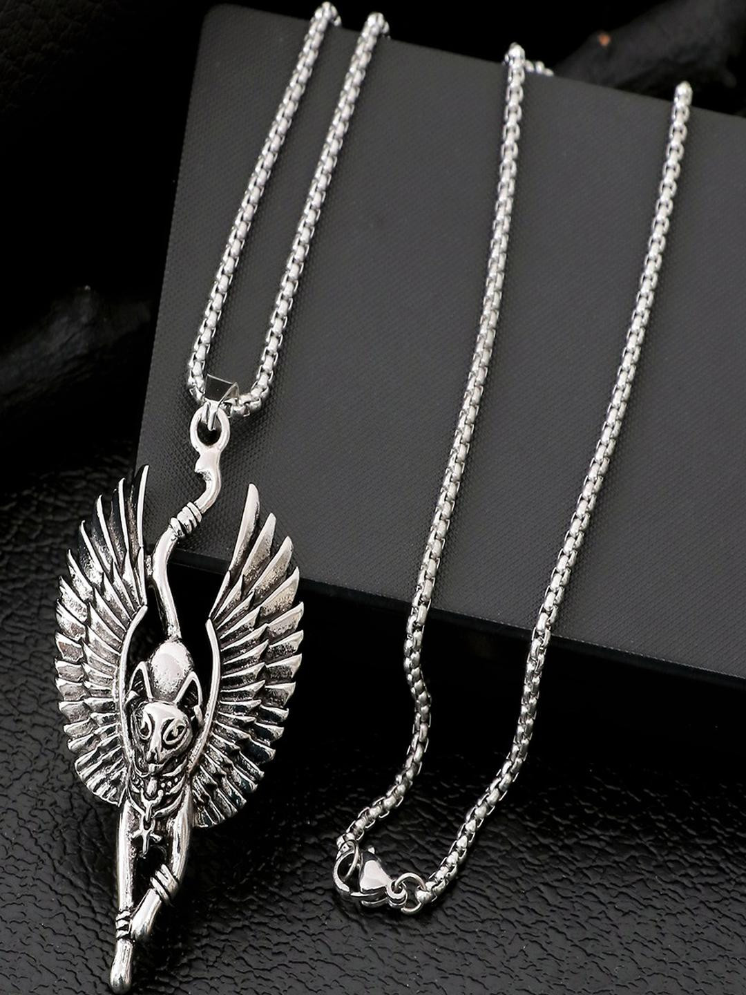 Vientiq Men Oxidised Silver-Toned Egyptian Cat God Pendant Necklace