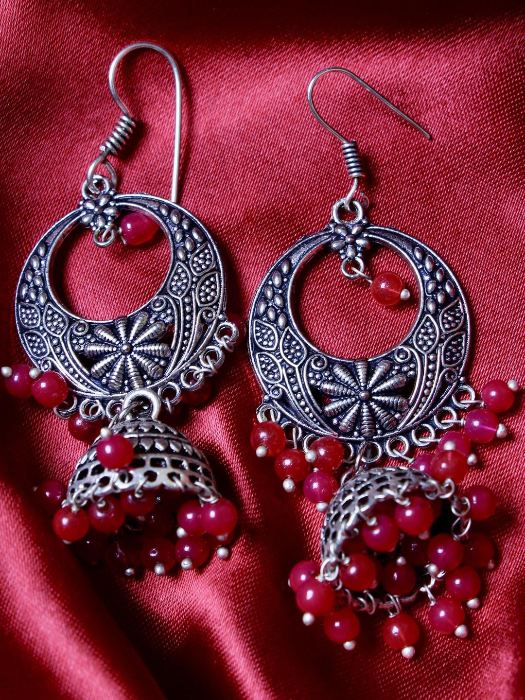 FASHION EMPIRE Silver-Plated Floral German Silver Hoop Earrings