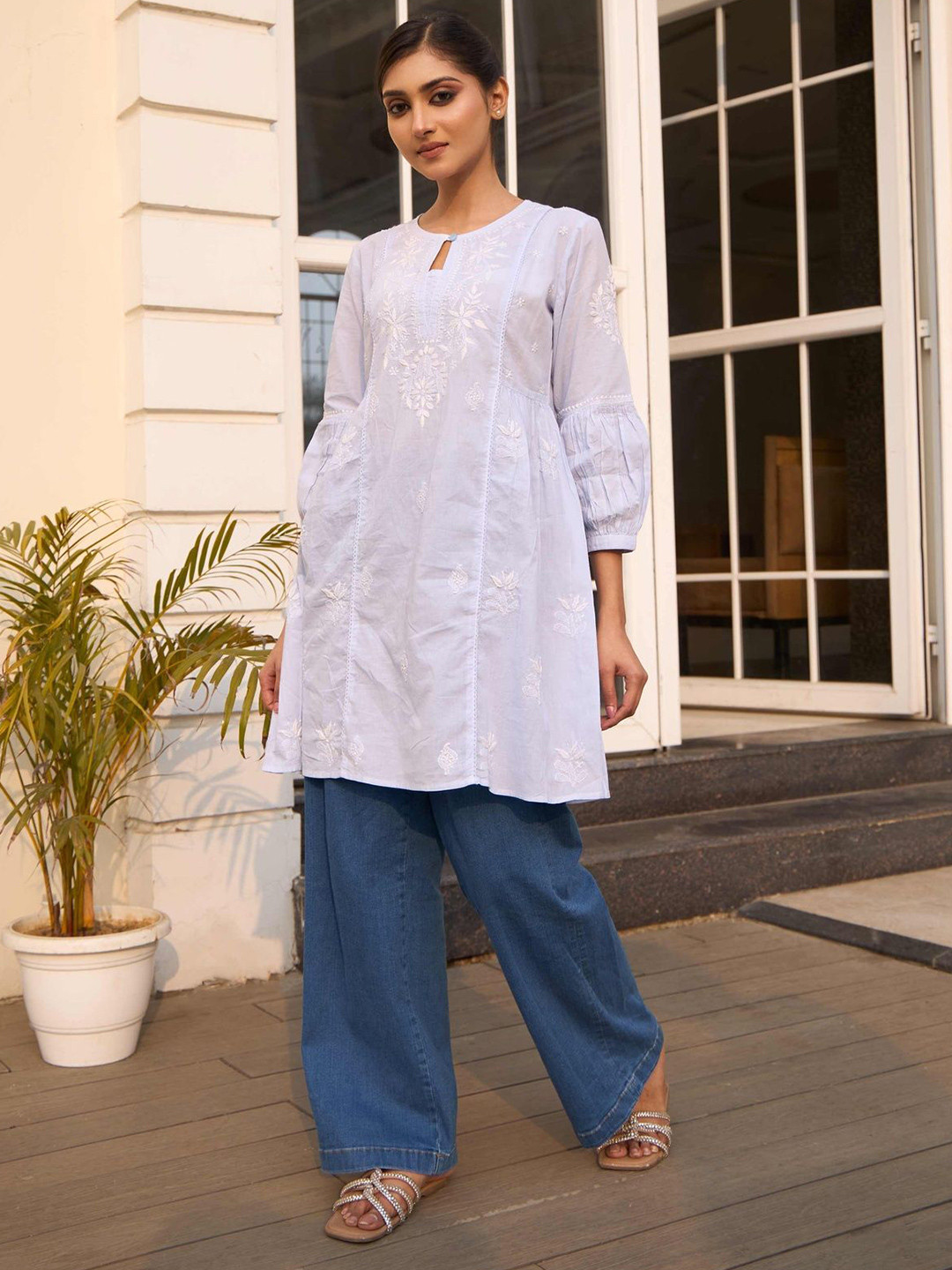 RIVAZ THREADS AND CO Women Ethnic Motifs Embroidered Keyhole Neck A-Line Cotton Top