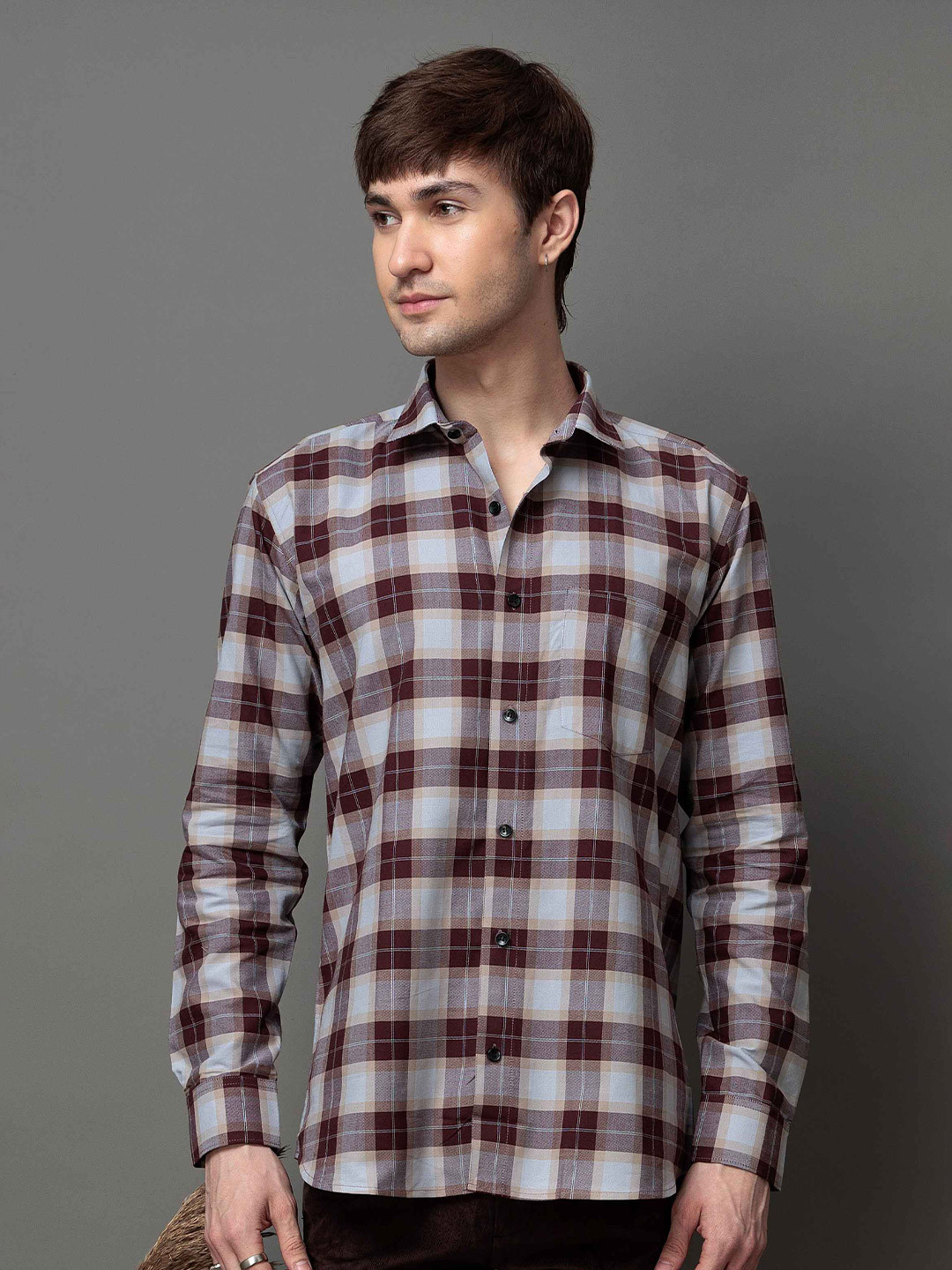 Foomer Standard Fit Tartan Checked Spread Collar Cotton Shirt