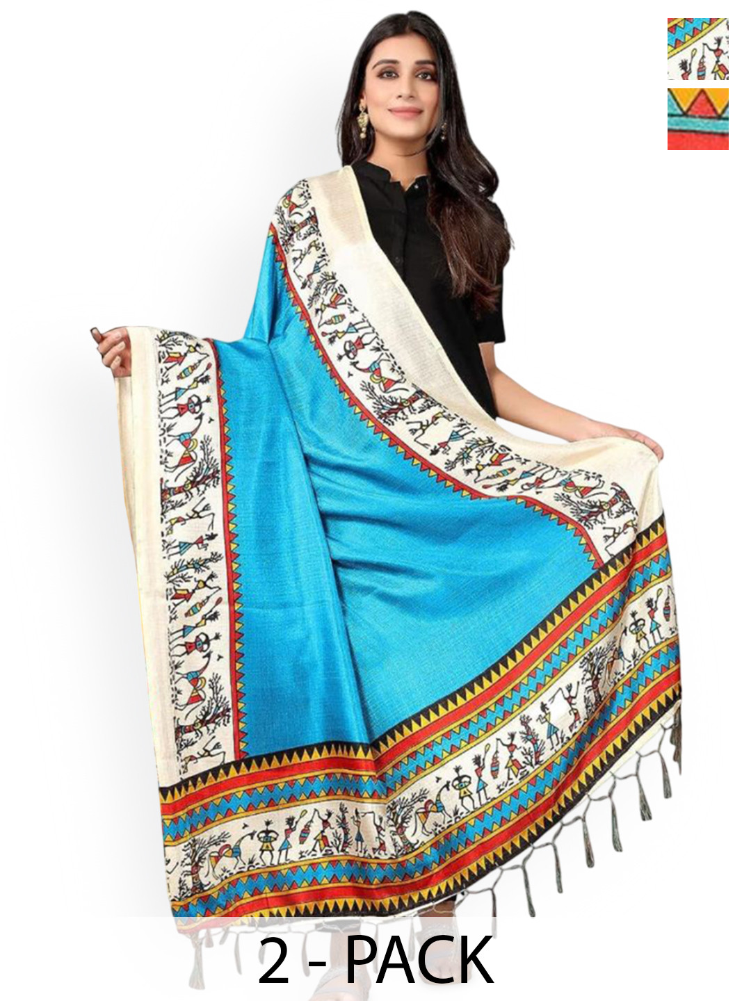 Kemza  Selection Of 2 Cotton Silk Warli Print Tassel Border Dupatta Combo