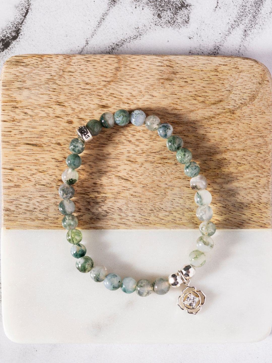 Stone Story By Shruti Sterling Silver Rhodium-Plated Moss Agate Beaded Bracelet