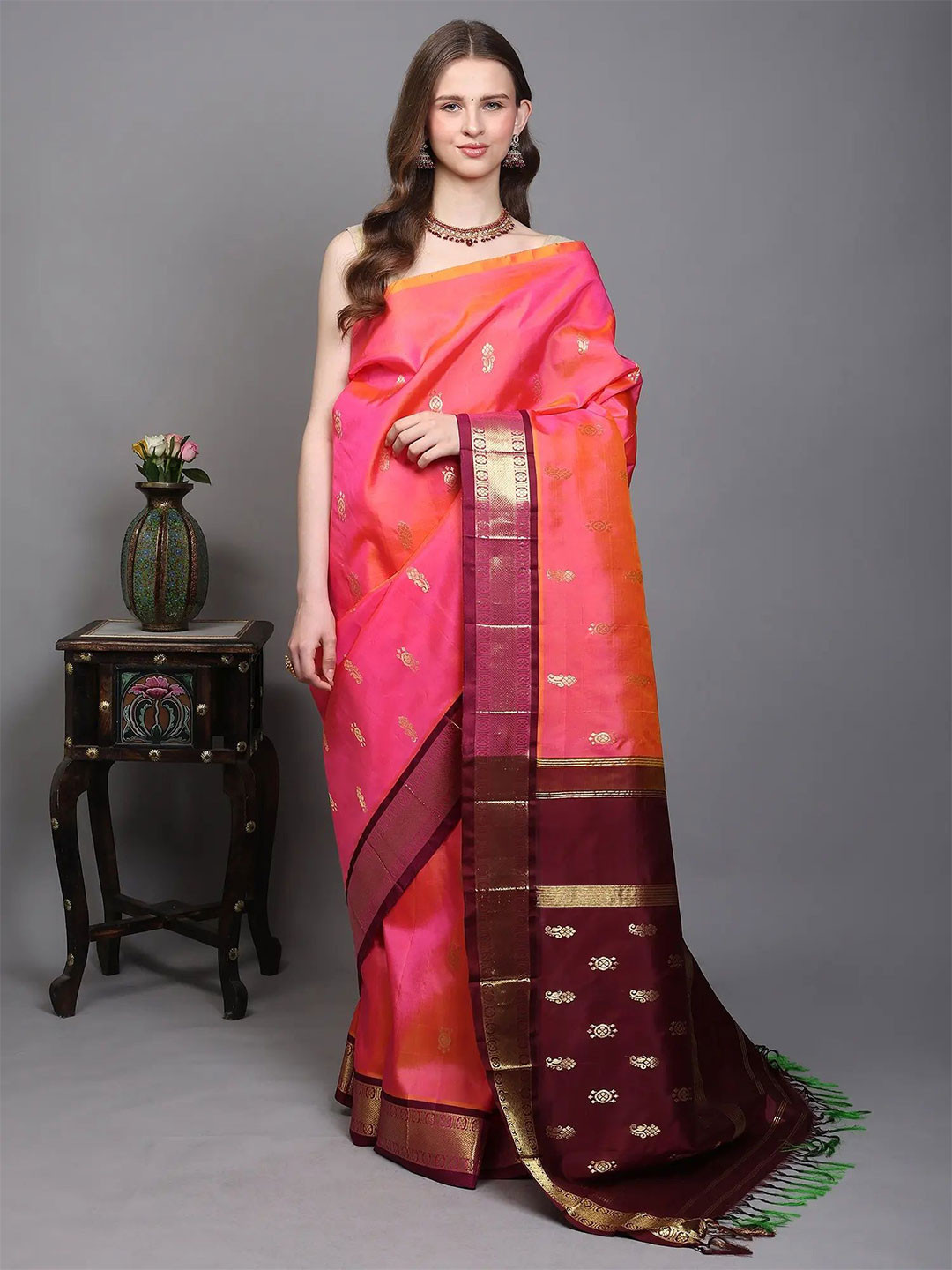 Exotic India Zari Woven Bootis Saree with and Contrast Pallu from Kumbakonam