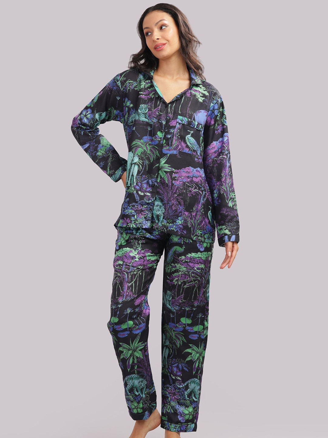 Pyjama Party Women Tropical Printed Shirt Collar Shirt Pyjamas Night suit
