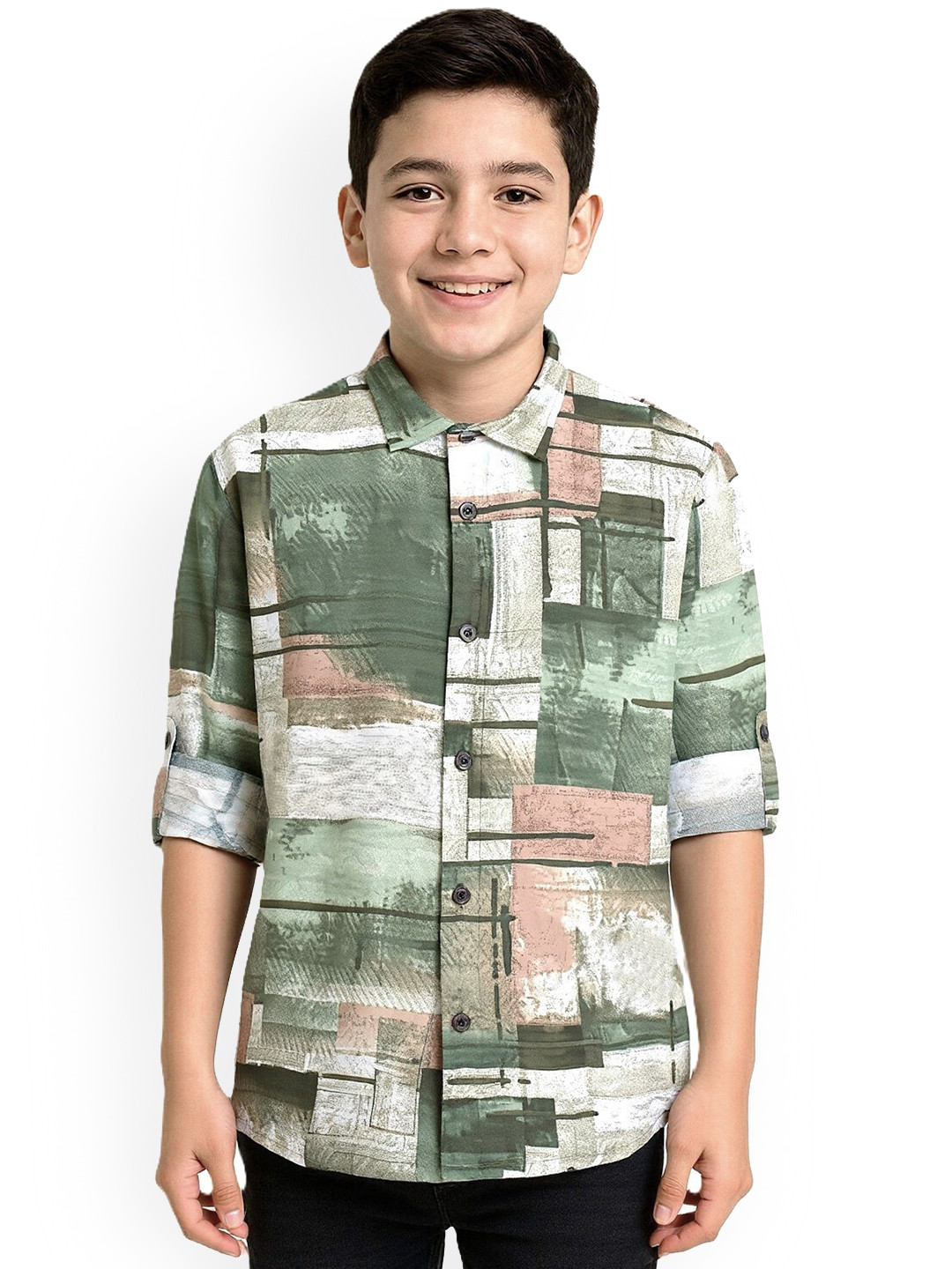 CHARCHIT Boys Full Sleeve Printed Casual Shirt-OliveGreen