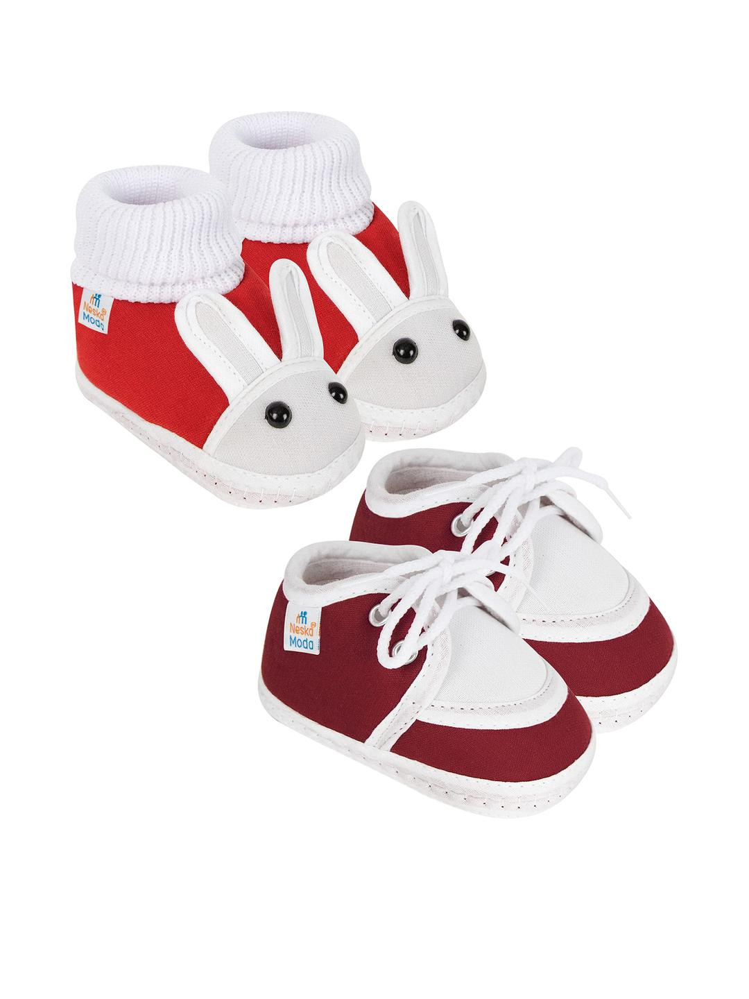 NESKA MODA Unisex Kids Pack Of 2 Cotton Rabbit & Lace Booties