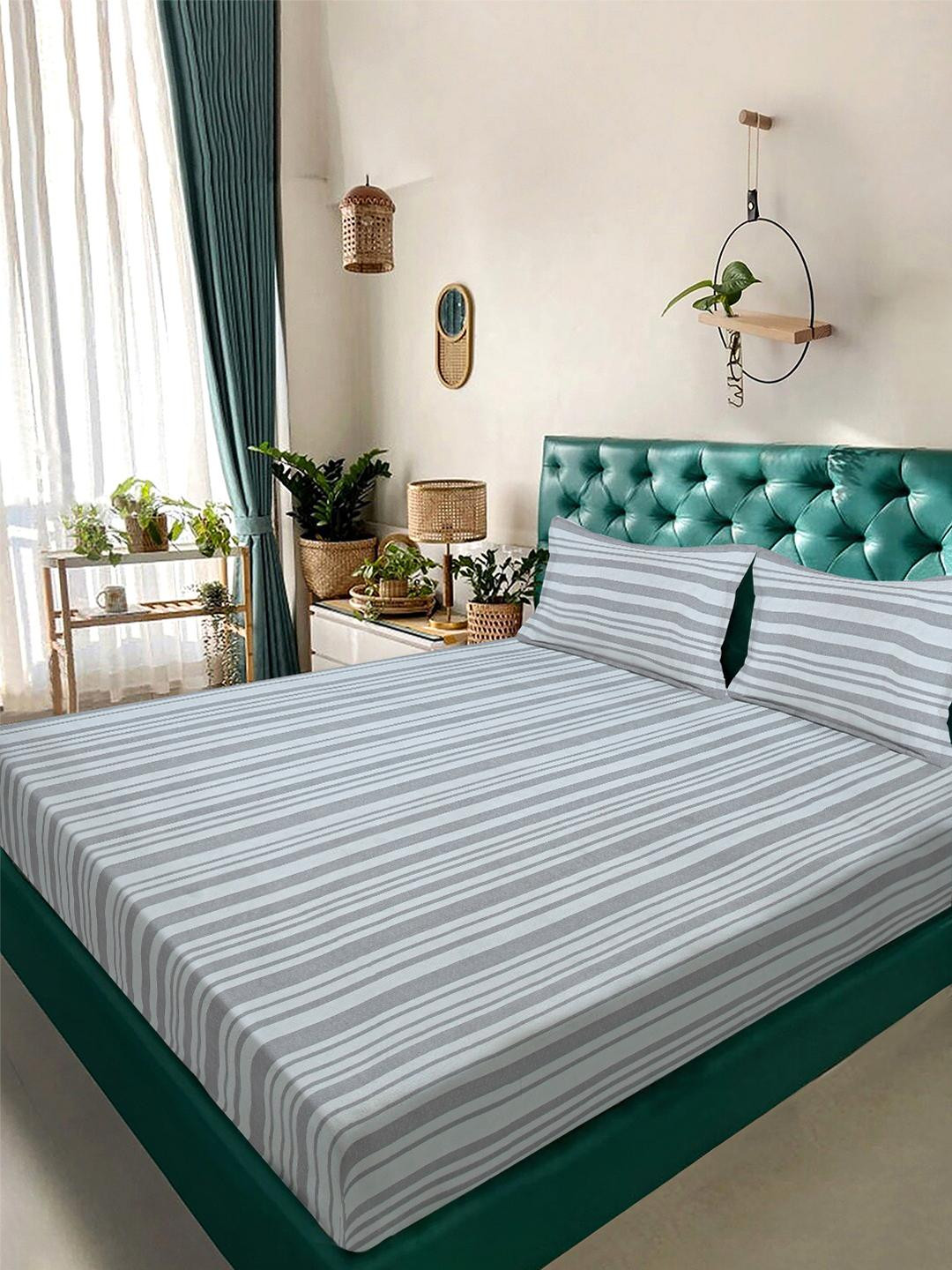 KLOTTHE Grey Striped Flat 300 GSM Polycotton Double Bedsheet With Pillow Covers