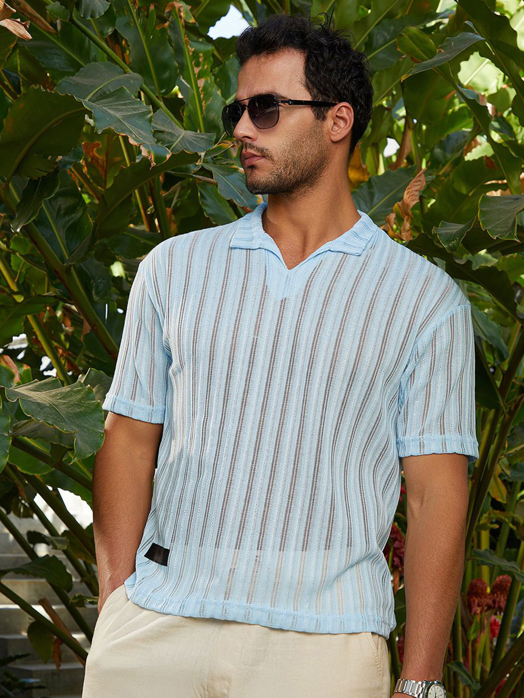 Campus Sutra Men Striped Self Design Polo Collar T-shirt