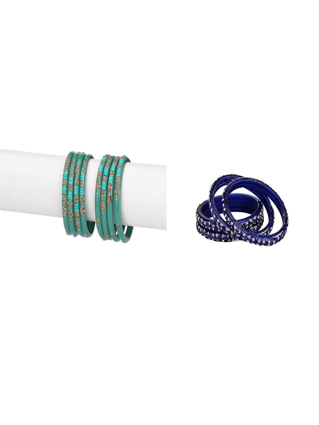 1ST TIME Set Of 12 Turquoise Blue And Blue Glass Artificial Stones & Beads Bangles