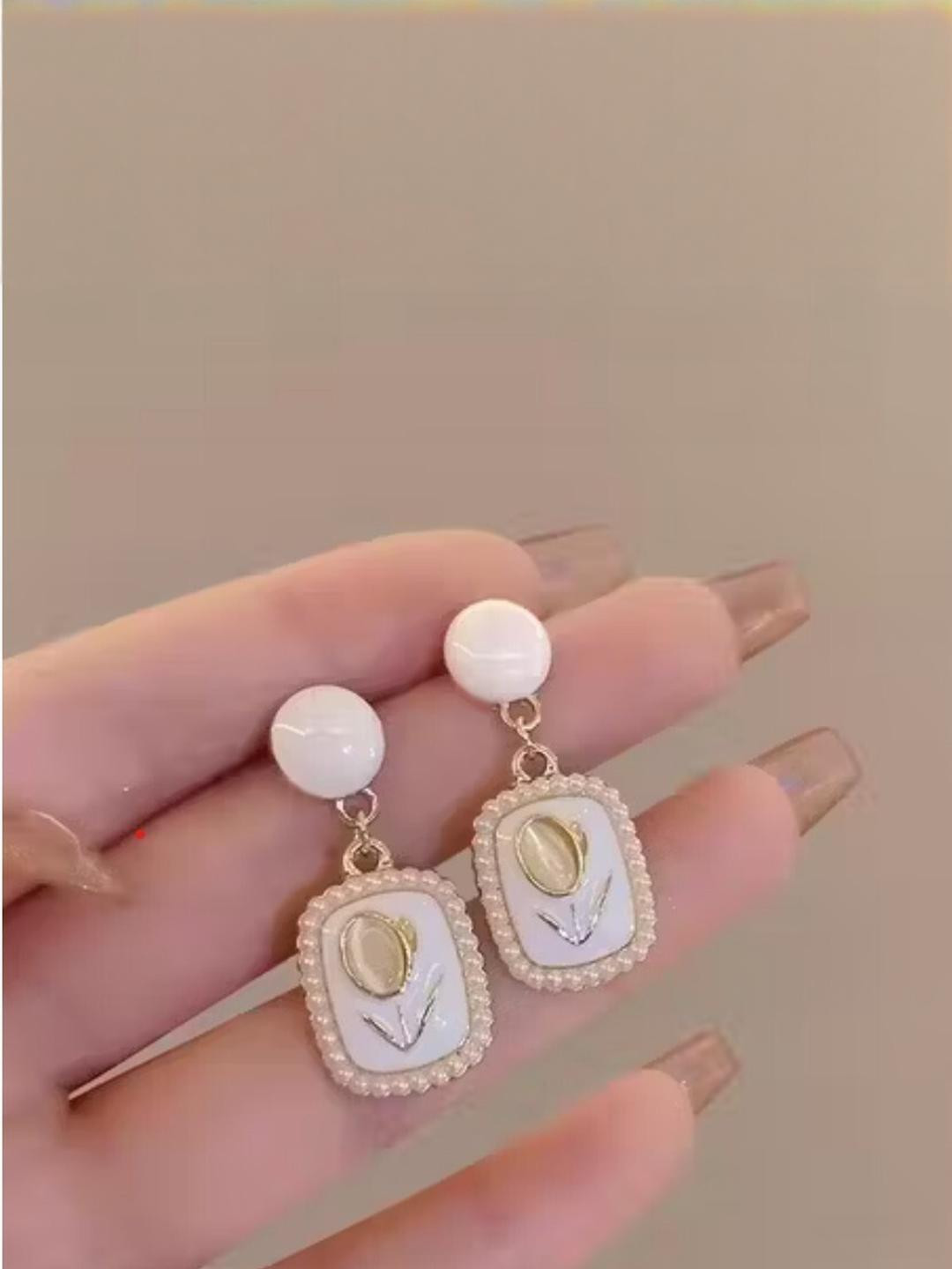 Khusha Creations White & Gold Floral with Pearls Border Drop Earrings
