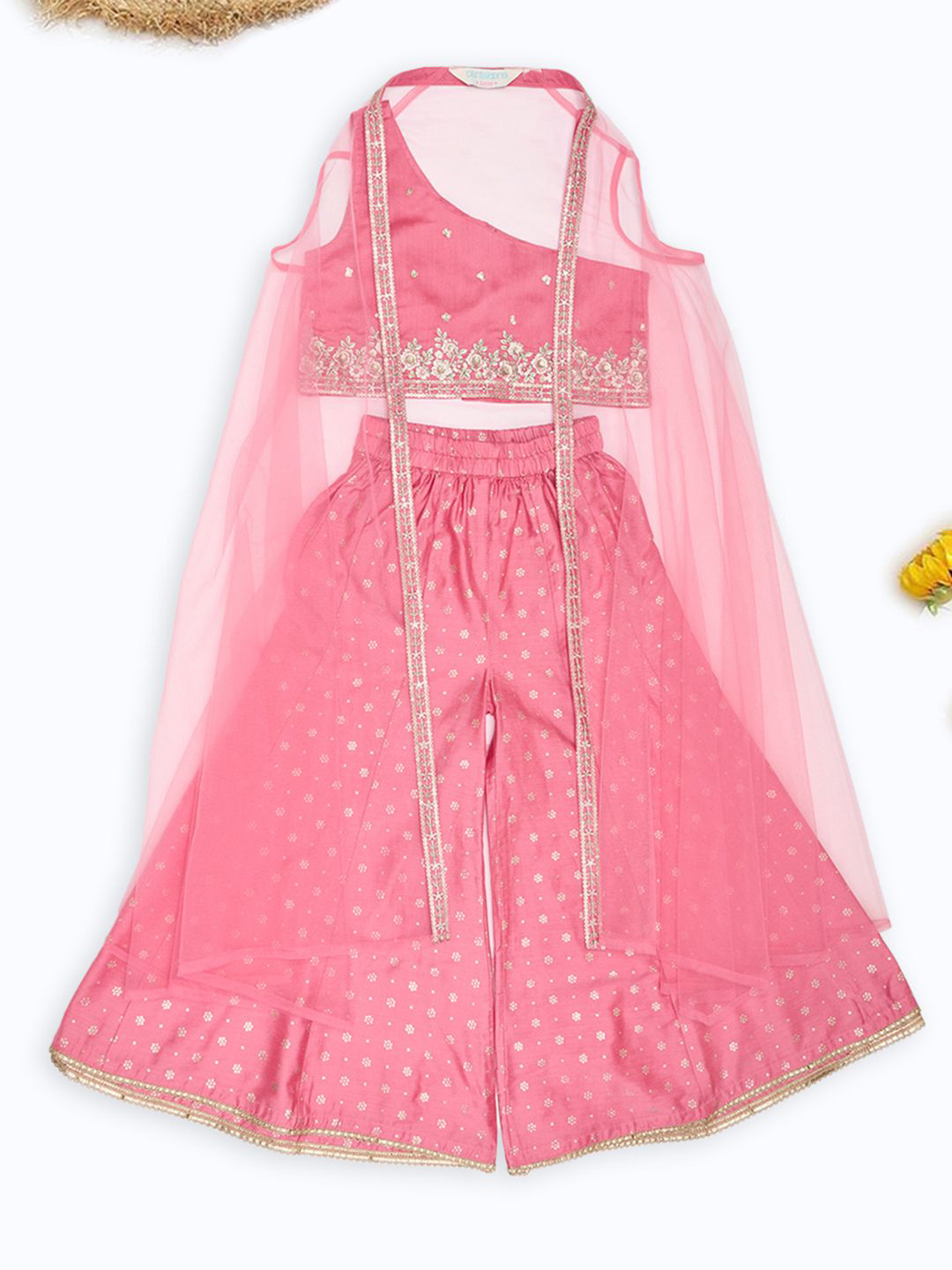 AKKRITI BY PANTALOONS Girls Floral Embroidered One Shoulder Crop Top With Palazzo & Jacket