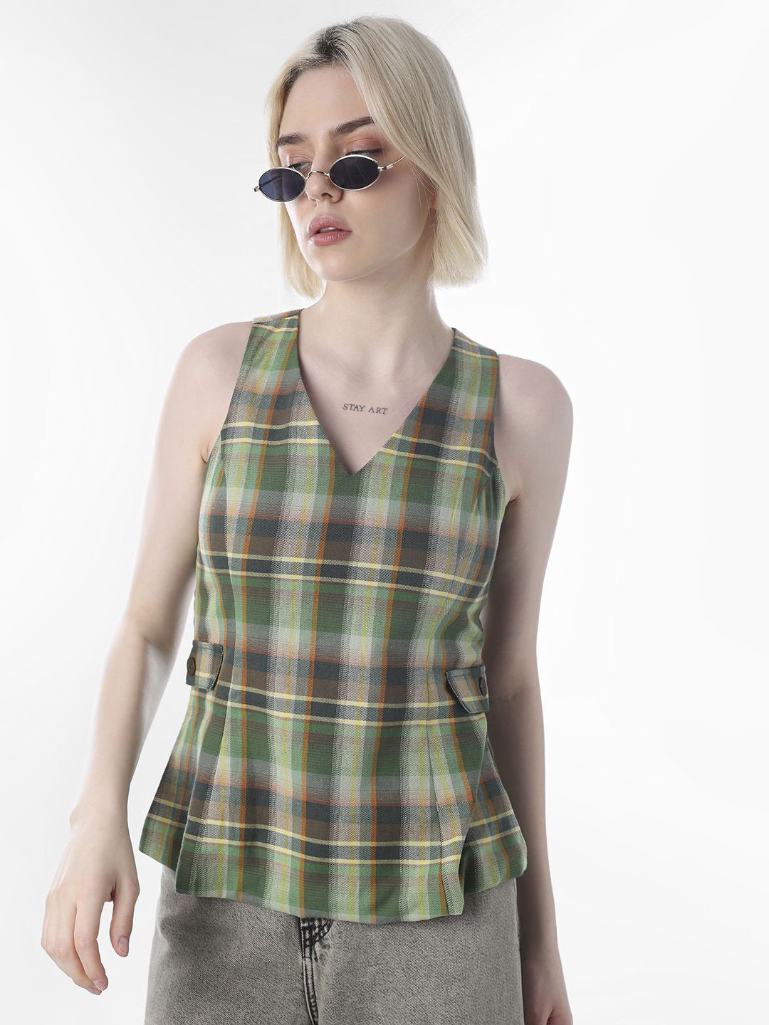 ONLY Women Checked V-Neck Pure Cotton A-Line Top