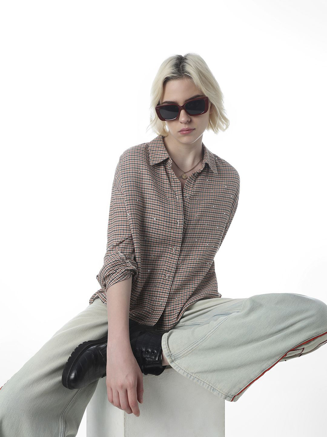 ONLY Women Gingham Checked Spread Collar Cotton Casual Shirt