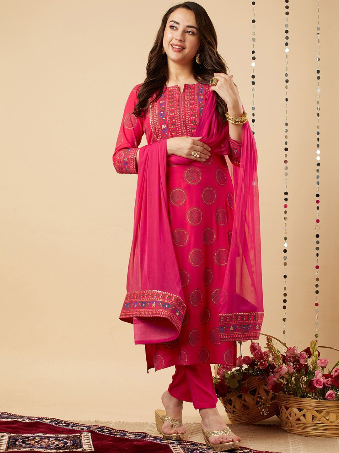FABUNNA COTTON Floral Printed Notch Neck Straight Kurta & Trousers With Dupatta